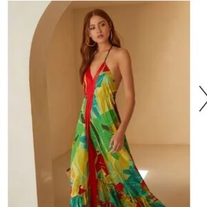 Vici Green and Red Satin Dress with Tropical Flair